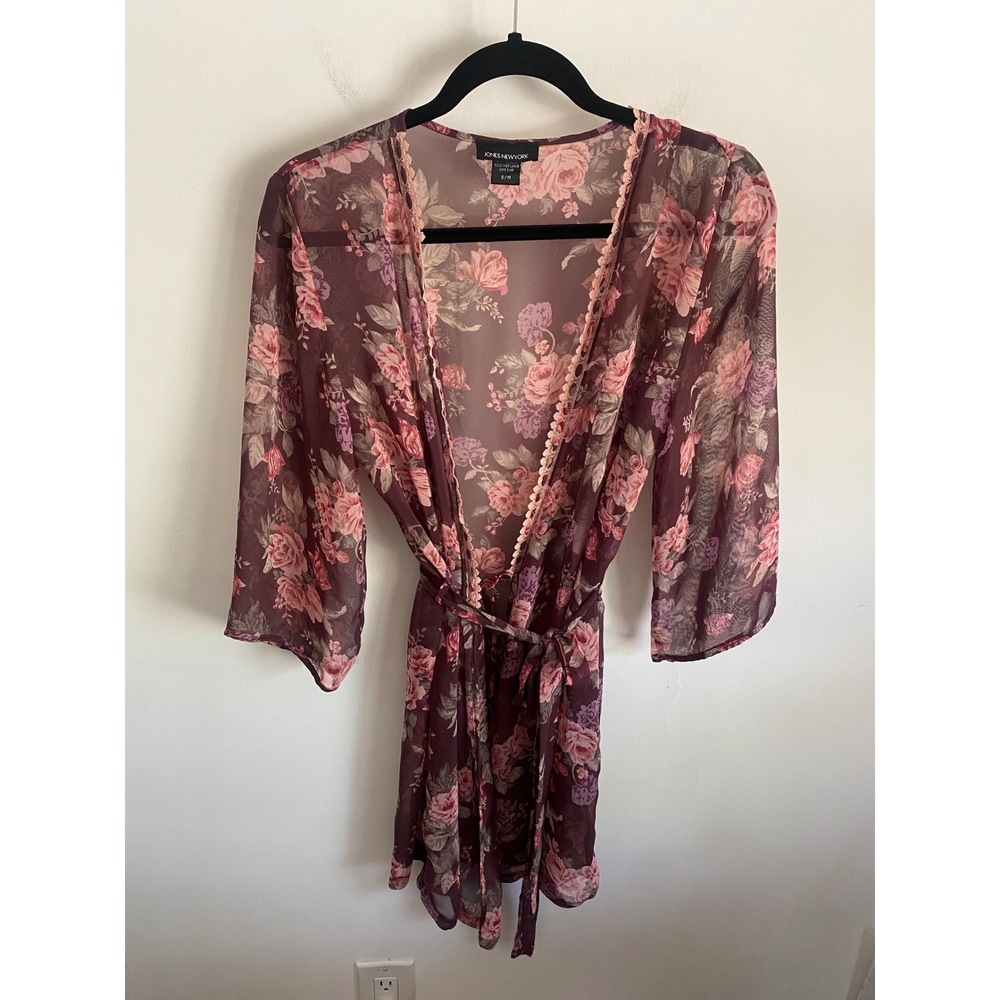 Jones New York Sheer Floral Robe Burgundy Pink Rose Lace Trim Tie Waist‎ S/M